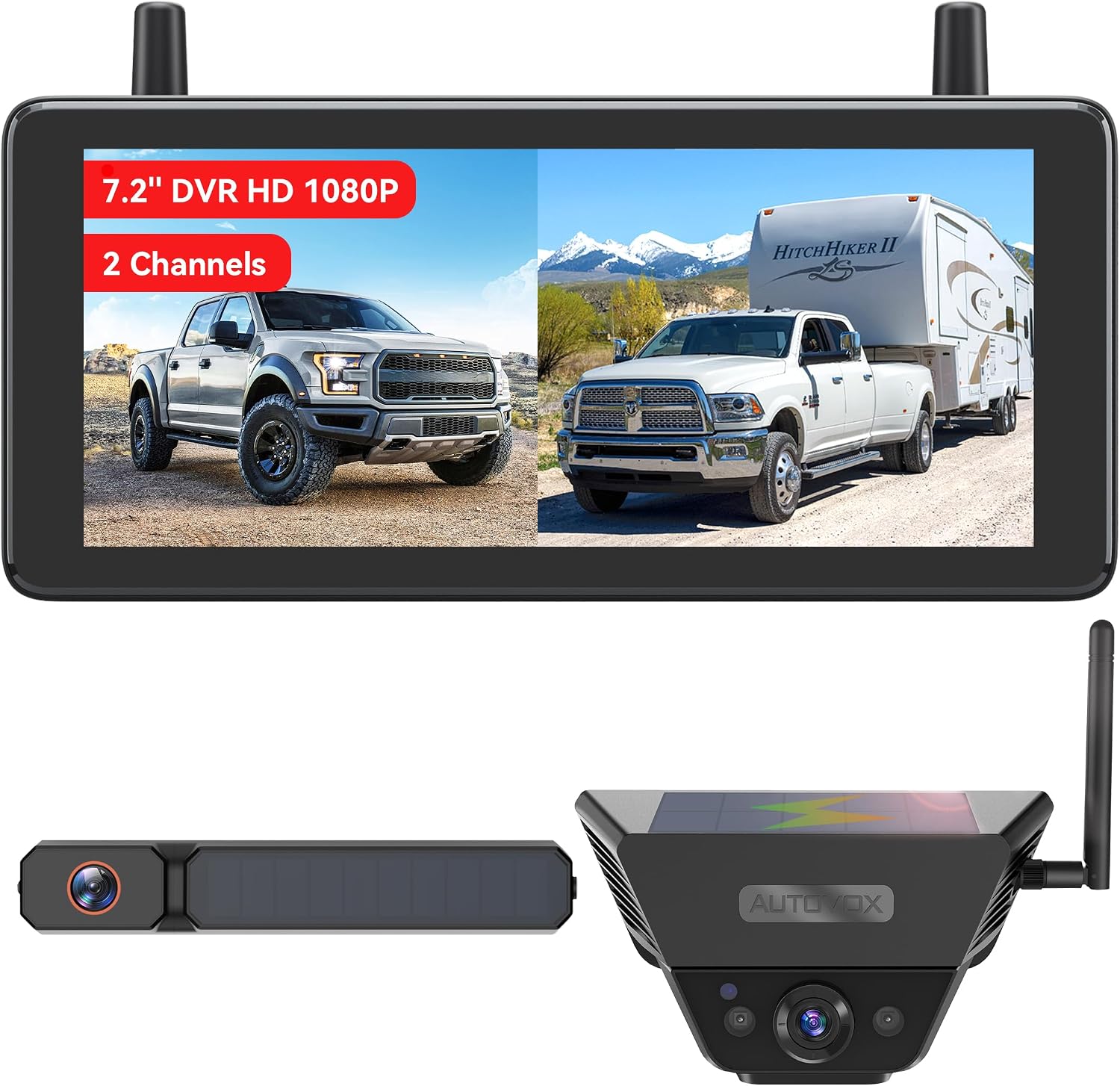 AUTO-VOX 2 Solar Wireless Backup Camera System: 7.2' 1080P HD Monitor, 3-Min Quick Installation for Wider Rear & Trailer View, IP69K Waterproof Back Up Camera for Truck, RV, Camper, Horse/Boat Trailer