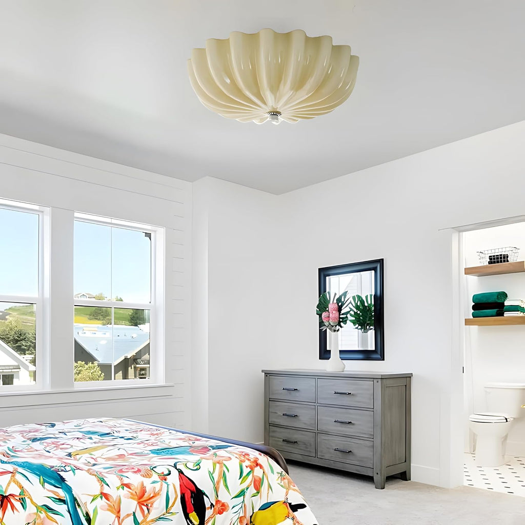 LED Flush Mount Vintage Yellow Glass Hallway Ceiling Lamp - Mid Century Overhead Light with Ribbed Glass Shade - Farmhouse Ceiling Light for Nursery, Kids Room, Bedroom, Bathroom