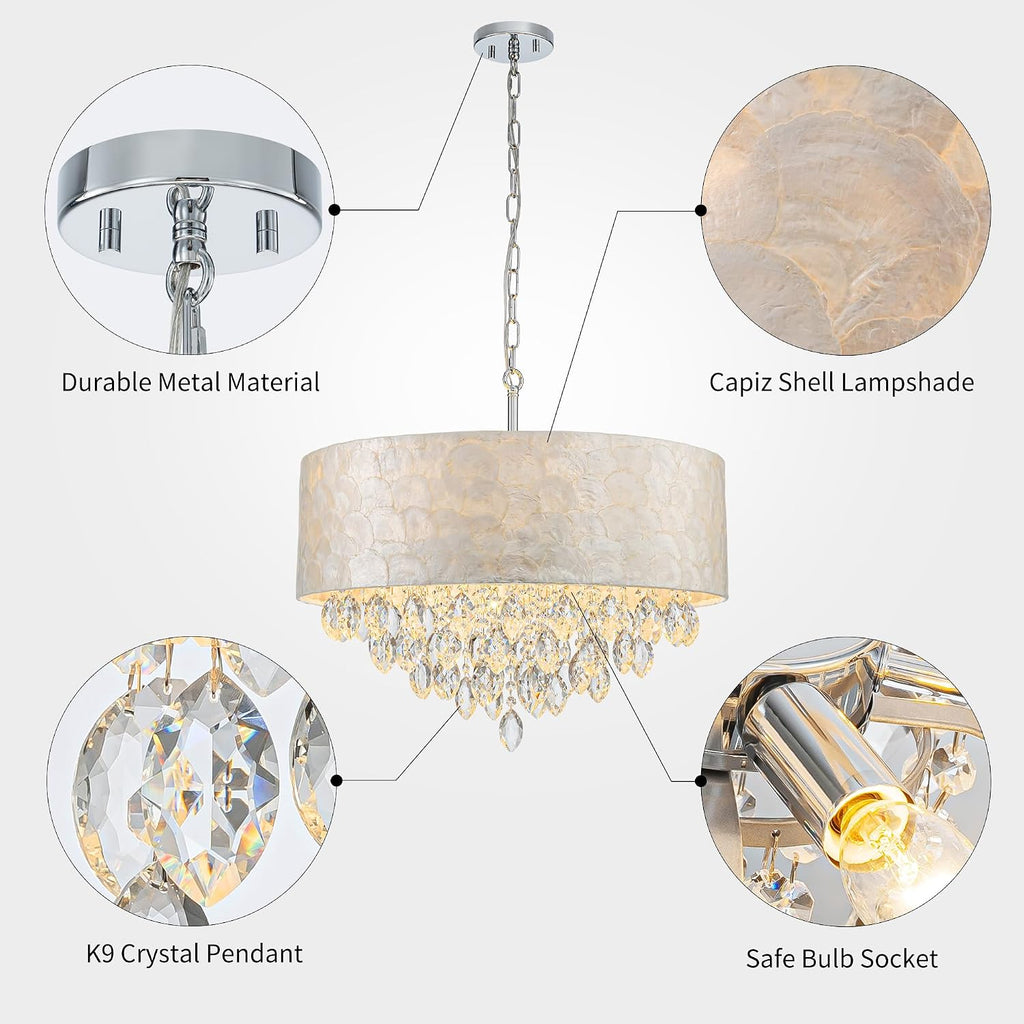 X-Large 6-Light Drum Capiz Shell K9 Crystal Chandelier, Coastal Style Pendant Light Fixture for Dining Room, Living Room, D24 * H24~70 inch (Adjustable), Clear Crystal & Chrome Finish
