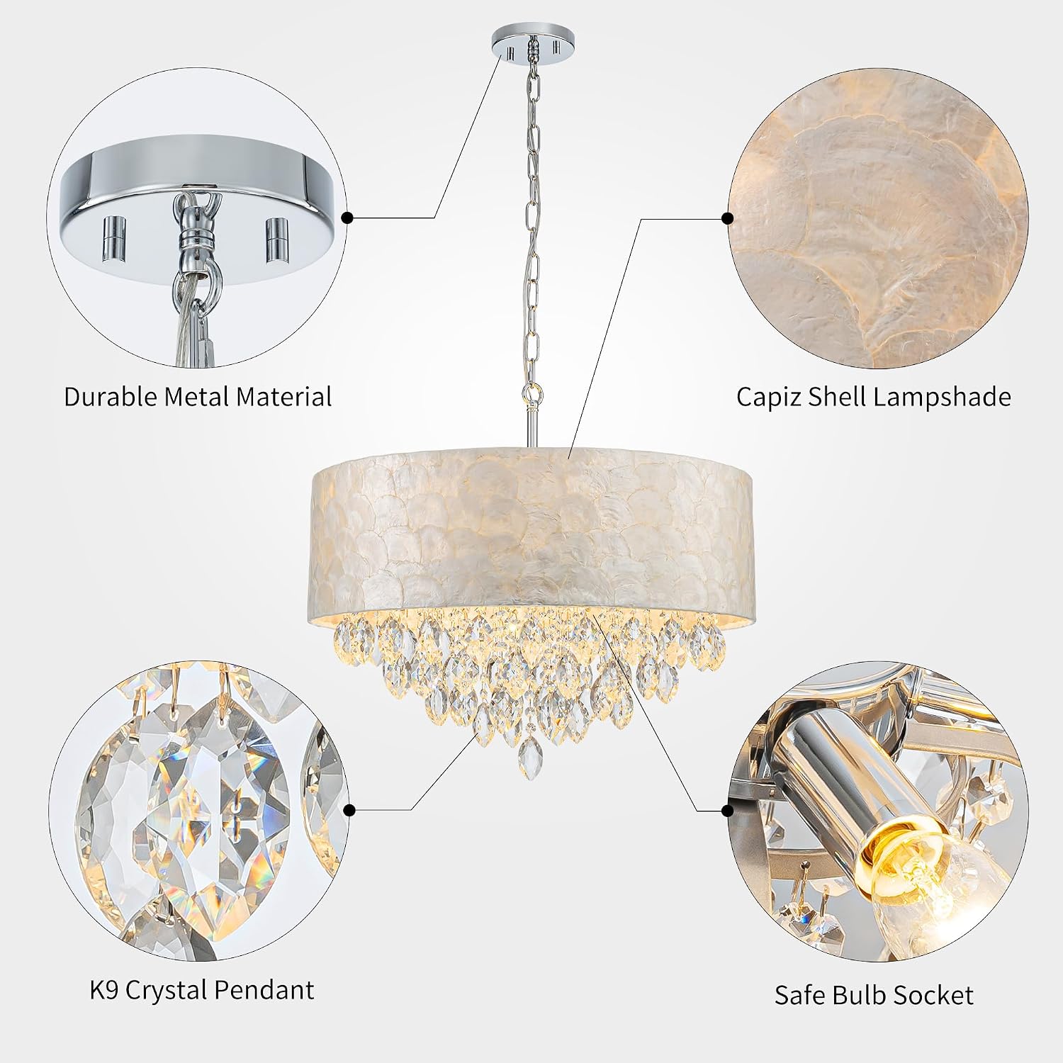 X-Large 6-Light Drum Capiz Shell K9 Crystal Chandelier, Coastal Style Pendant Light Fixture for Dining Room, Living Room, D24 * H24~70 inch (Adjustable), Clear Crystal & Chrome Finish