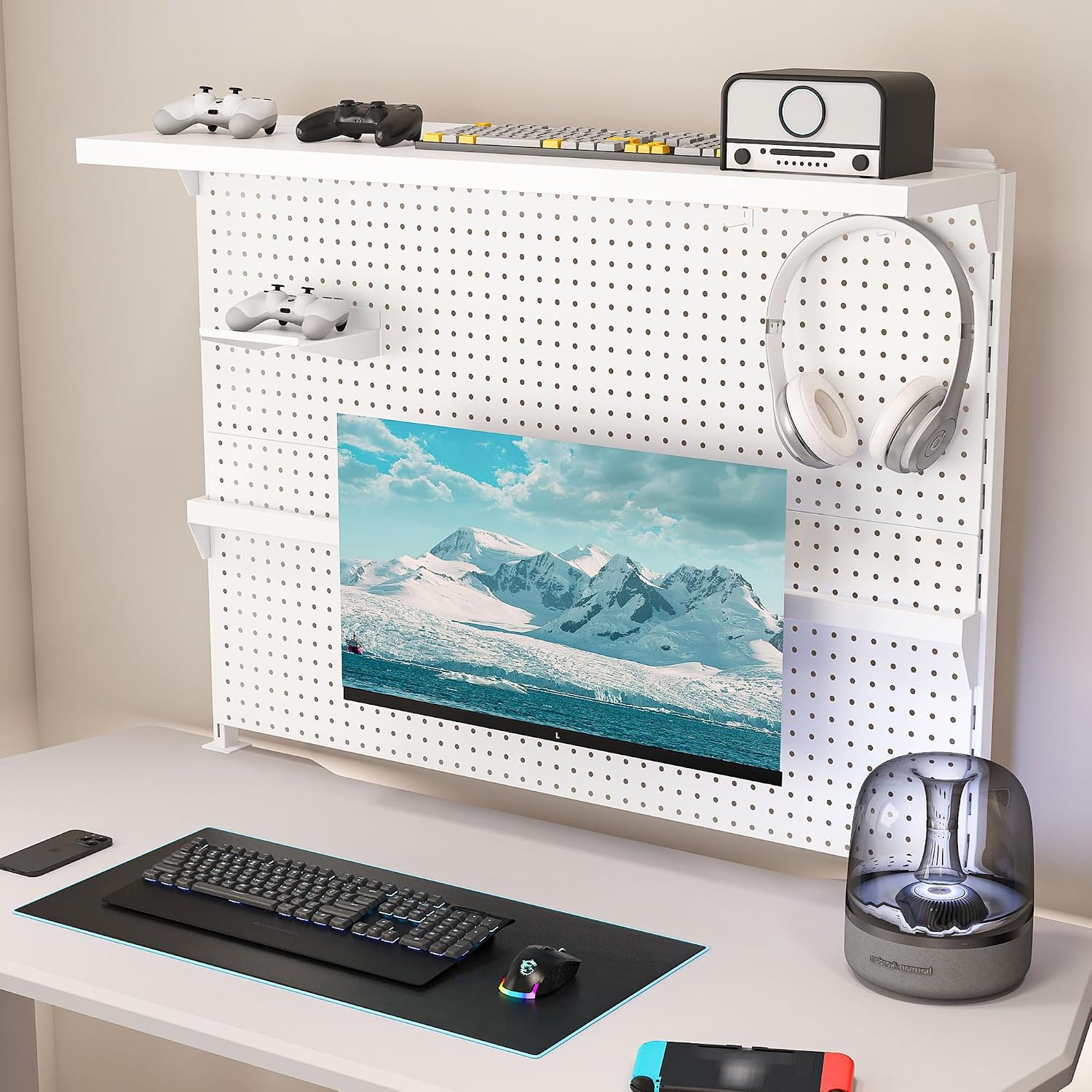 KEIKI Clamp-On Desk Pegboard with Single Monitor Stand, 43' x 35' Steel Peg Board Office Organizer with Hooks, Movable Panel & Shelf for Office Supplies, Gaming Setup & Desk Organization, White