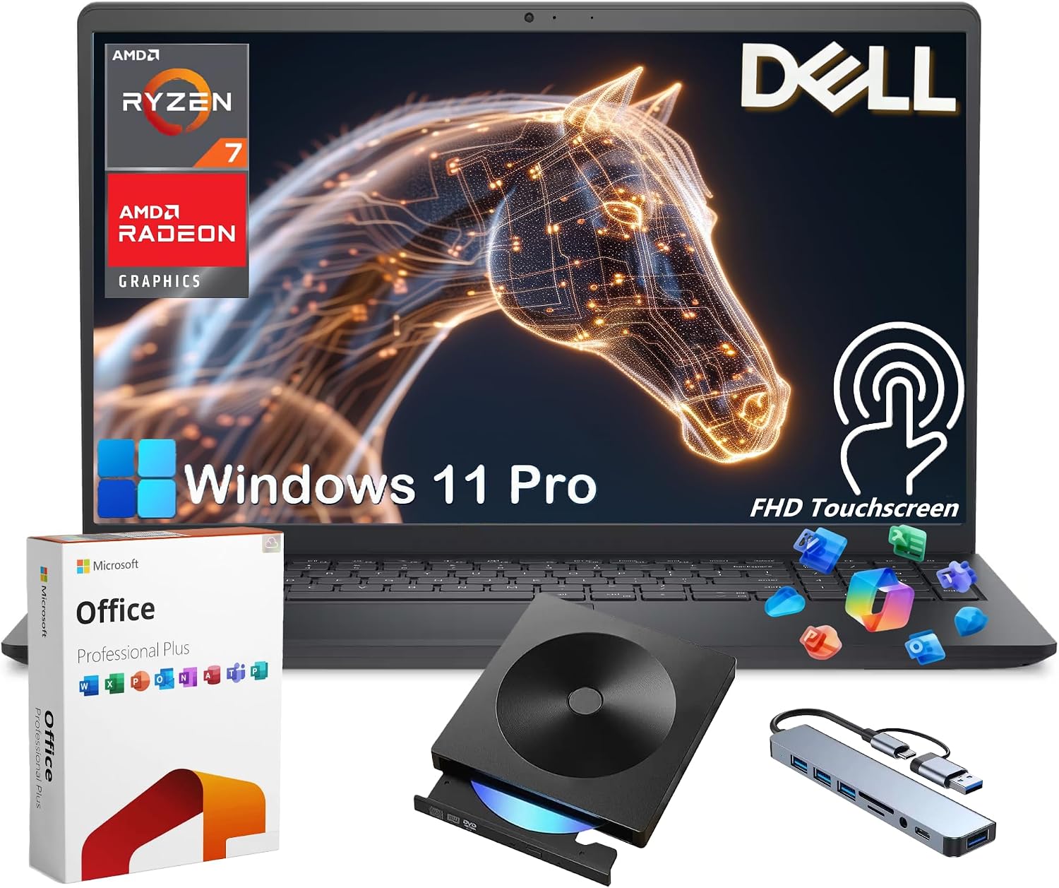 Dell Inspiron 15 Touchscreen Laptop Computer, Windows 11 Pro, Lifetime MS Office, AMD Ryzen 7 7730U, 15.6'' FHD WVA Display, 32GB RAM + 512GB SSD, External DVD Drive & 8-in-1 HUB, AMD Radeon Graphics