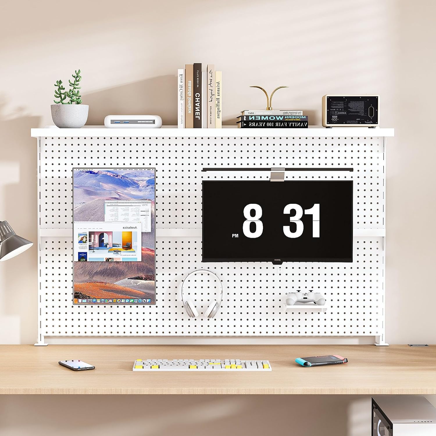 KEIKI Metal Pegboard Desk Organizer with Dual Monitor Stand, 59' x 35' Large Desk Peg Board with Hooks & Movable Panel, Office Organization and Storage Shelf for Gaming or Workstation Setup, White