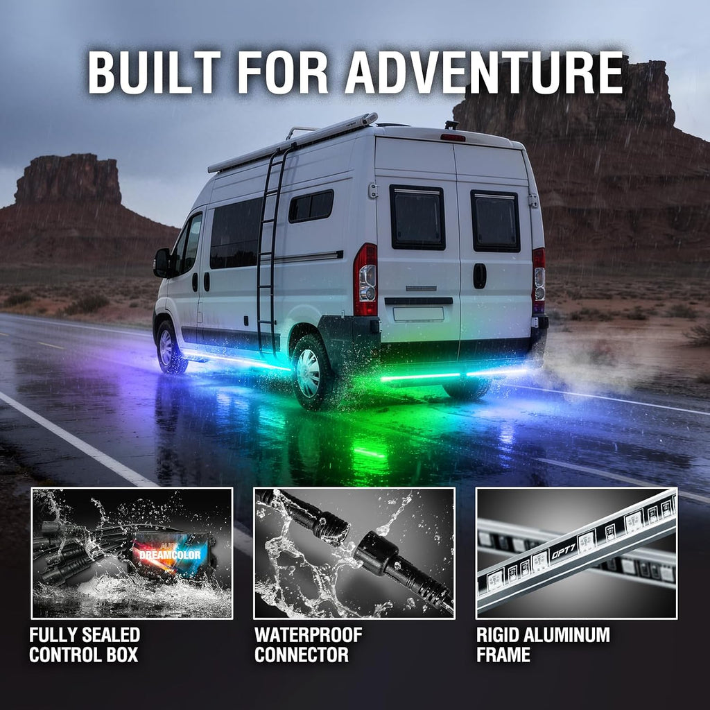 OPT7 Aura DreamColor Underglow Chasing Lights for RV with APP & Remote | Waterproof Aluminum Frame, RGB-IC LED Light Bar, Exterior RV Accent Lighting, Outdoor Camper Decor, Music Sync