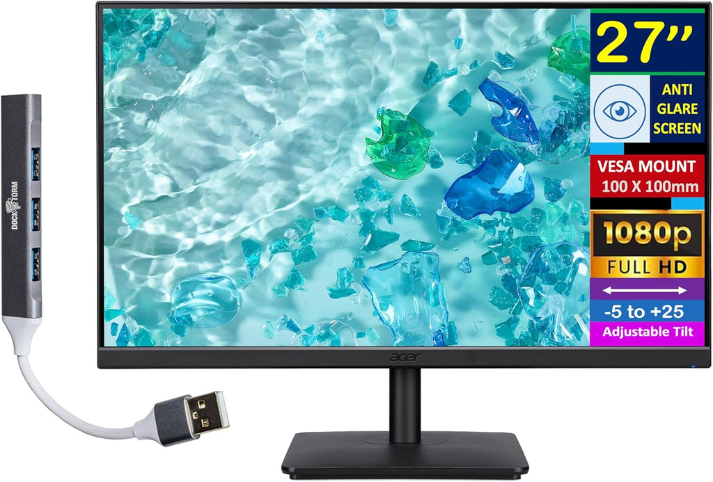 Acer 27' FHD IPS Monitor with 4ms Response Time, Anti Glare, VESA Mount (100 x 100mm), HDMI, VGA & Dockztorm USB Port Expander, Black Color