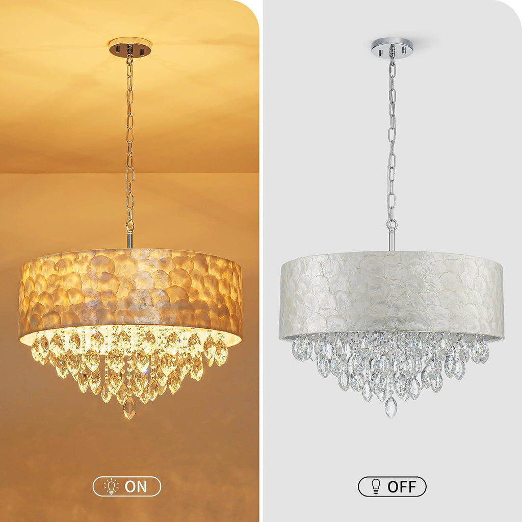 X-Large 6-Light Drum Capiz Shell K9 Crystal Chandelier, Coastal Style Pendant Light Fixture for Dining Room, Living Room, D24 * H24~70 inch (Adjustable), Clear Crystal & Chrome Finish
