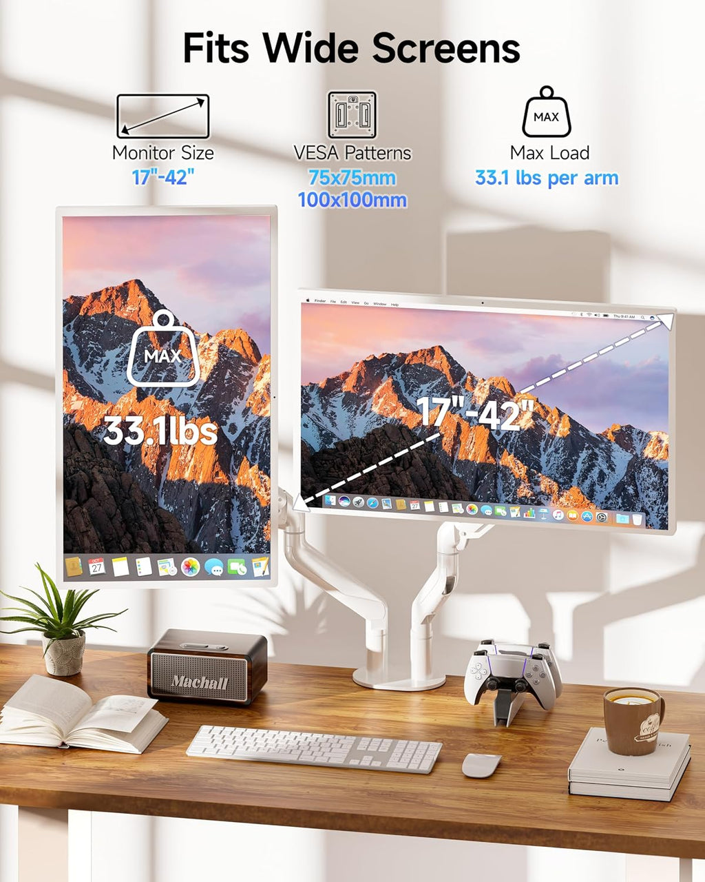 BIZUM Dual Monitor Stand for 17″-42', Heavy Duty Ultrawide Monitor Arm Dual-Monitor Mount VESA Mount with Clamp/Grommet Base, Holds 33.1lbs per Arm, White