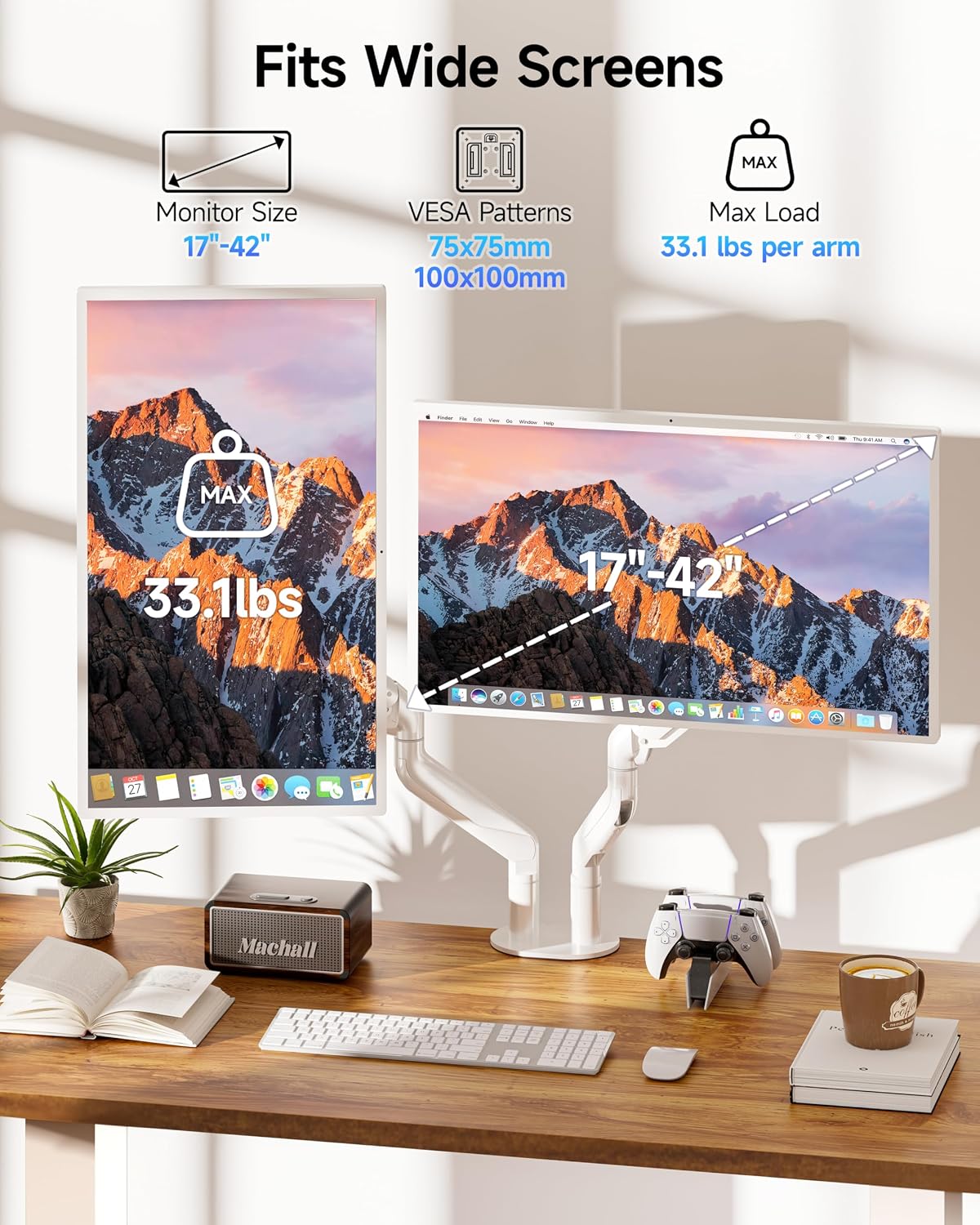 BIZUM Dual Monitor Stand for 17″-42', Heavy Duty Ultrawide Monitor Arm Dual-Monitor Mount VESA Mount with Clamp/Grommet Base, Holds 33.1lbs per Arm, White