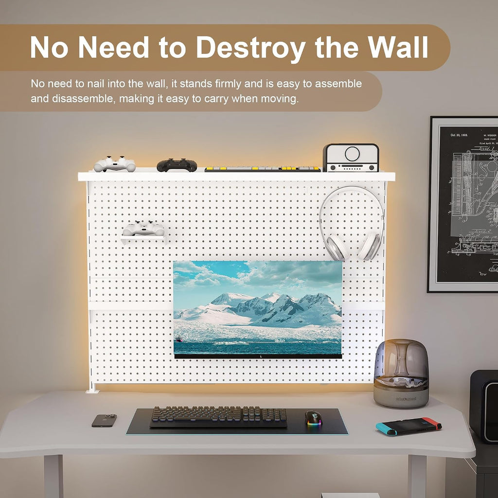 KEIKI Clamp-On Desk Pegboard with Single Monitor Stand, 43' x 35' Steel Peg Board Office Organizer with Hooks, Movable Panel & Shelf for Office Supplies, Gaming Setup & Desk Organization, White