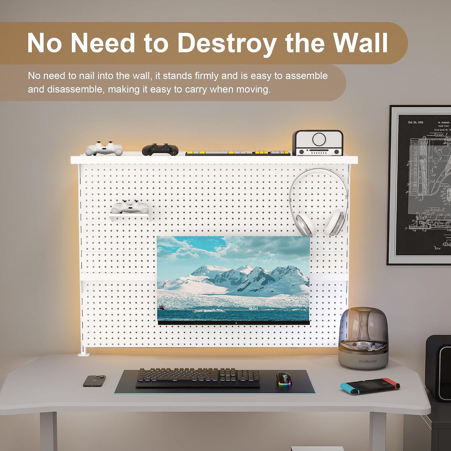 KEIKI Clamp-On Desk Pegboard with Single Monitor Stand, 43' x 35' Steel Peg Board Office Organizer with Hooks, Movable Panel & Shelf for Office Supplies, Gaming Setup & Desk Organization, White