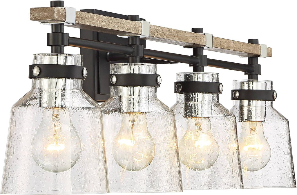 Possini Euro Design Broadway Modern Industrial Wall Light Black Painted Faux Wood Hardwired 32' 4-Light Fixture Clear Seedy Glass Shade for Cottage Core Bedroom Bedside Bathroom Vanity Living Room
