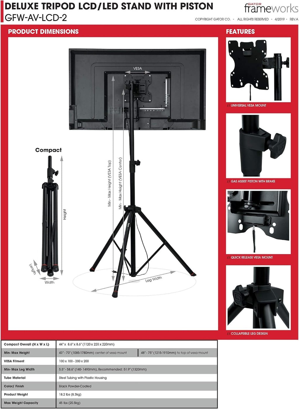 Gator Frameworks Deluxe Adjustable Tripod LCD/LED TV Monitor Stand with Lift Piston, Fits Screens up to 48' (GFW-AV-LCD-2)