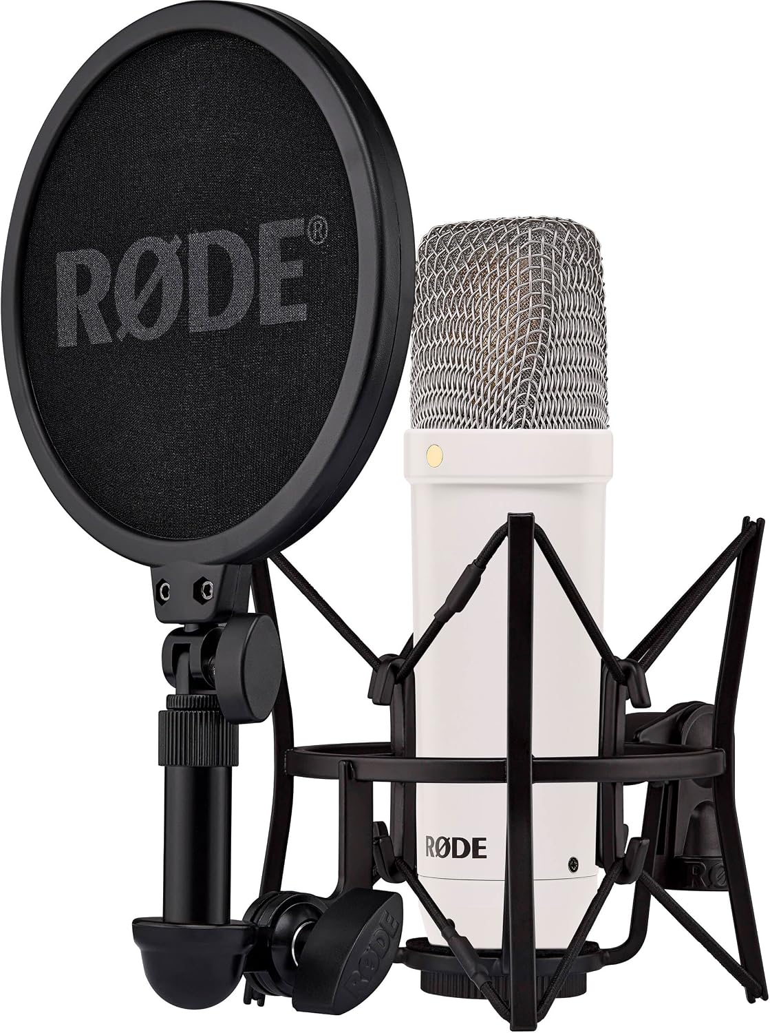 Rode NT1 Signature Series Condenser Microphone (White) with W PSA1+ Broadcast Microphone Boom Arm, W NTH-100 Professional Over-Ear Headphones and AI-1 USB Audio Interface