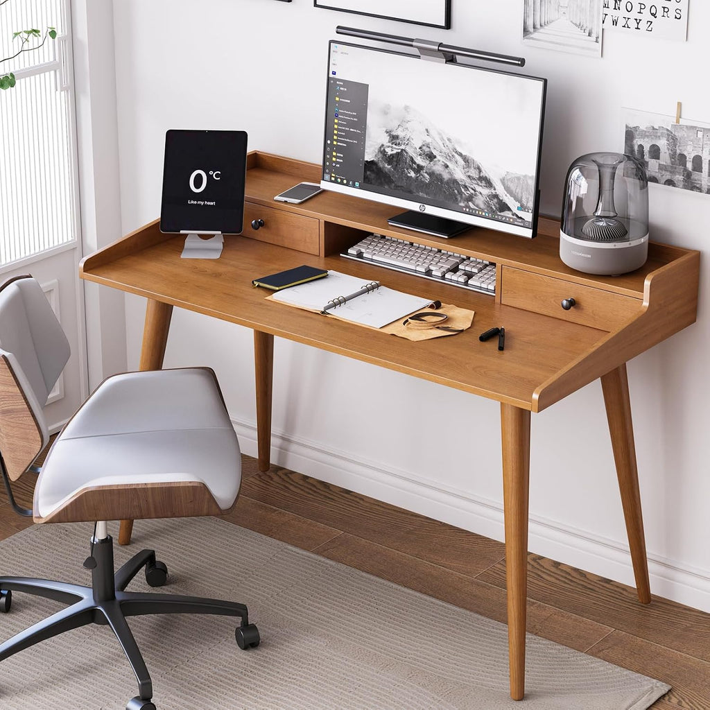 Mid Century Modern Desk, 51' Wood Home Office Writing Computer or Laptop Desk with Monitor Stand Riser and Open Storage Cubby, Vanity Desk with 2 Drawers (51.2'×25.6')
