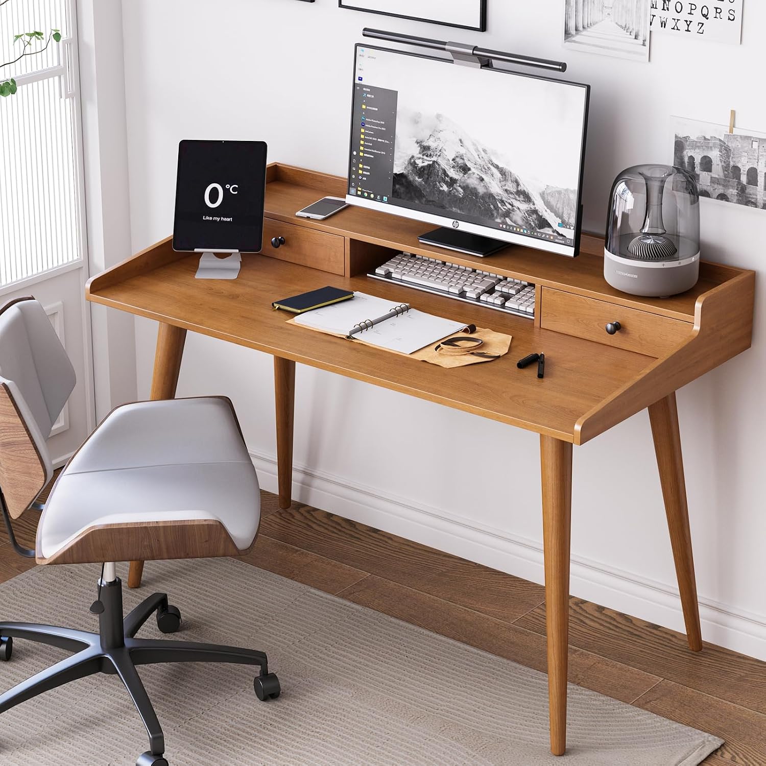 Mid Century Modern Desk, 51' Wood Home Office Writing Computer or Laptop Desk with Monitor Stand Riser and Open Storage Cubby, Vanity Desk with 2 Drawers (51.2'×25.6')
