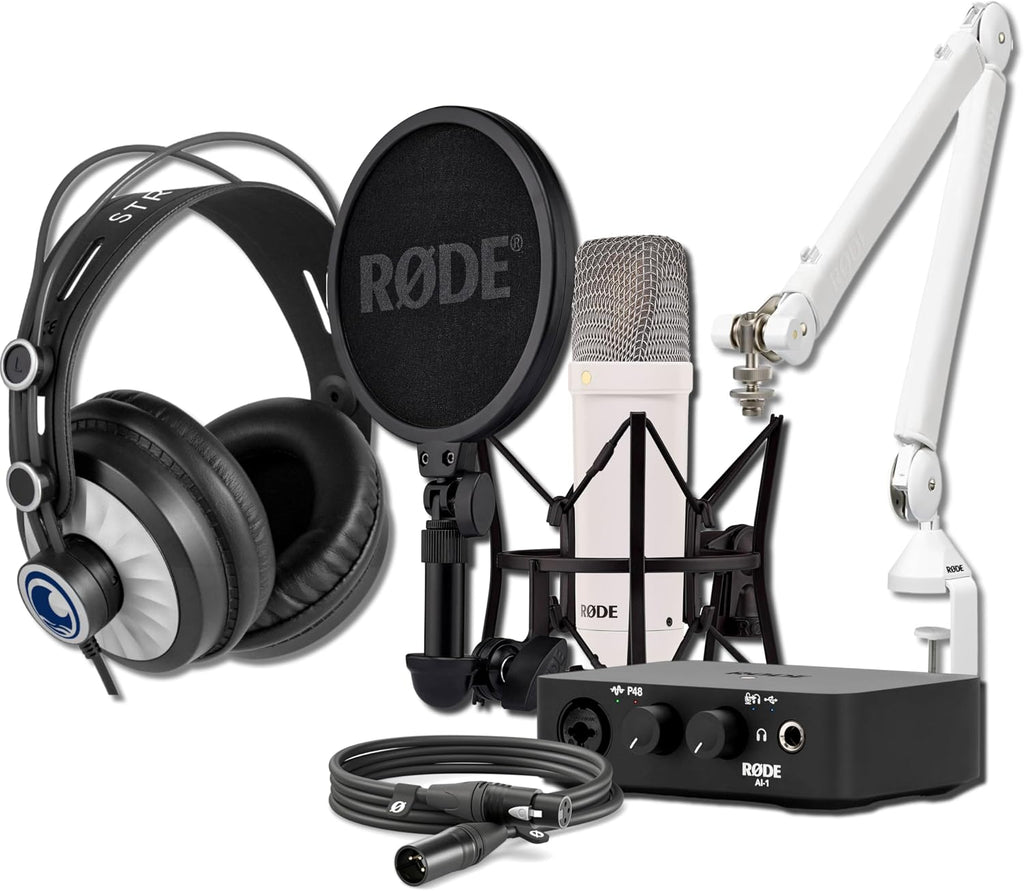 Rode NT1 Signature Series Condenser Microphone (White) with White PSA1+ Broadcast Microphone Boom Arm, AI-1 USB Audio Interface and Cans50 Monitoring Headphones