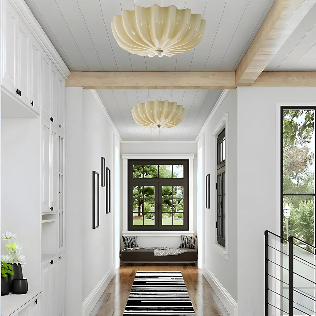 LED Flush Mount Vintage Yellow Glass Hallway Ceiling Lamp - Mid Century Overhead Light with Ribbed Glass Shade - Farmhouse Ceiling Light for Nursery, Kids Room, Bedroom, Bathroom