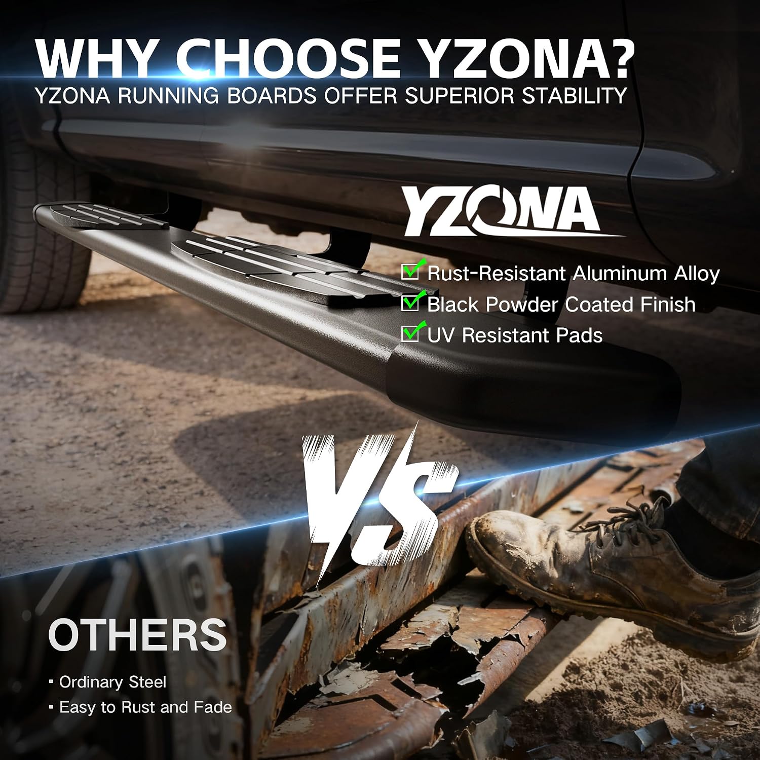 YZONA Running Boards Compatible with Chevy/GMC Silverado/Sierra 1500 2019-2026, 2500HD/3500HD 2020-2026 - Crew Cab Only - Excl. 2019 1500 LD, Side Step Rails Aluminum Alloy Nerf Bars