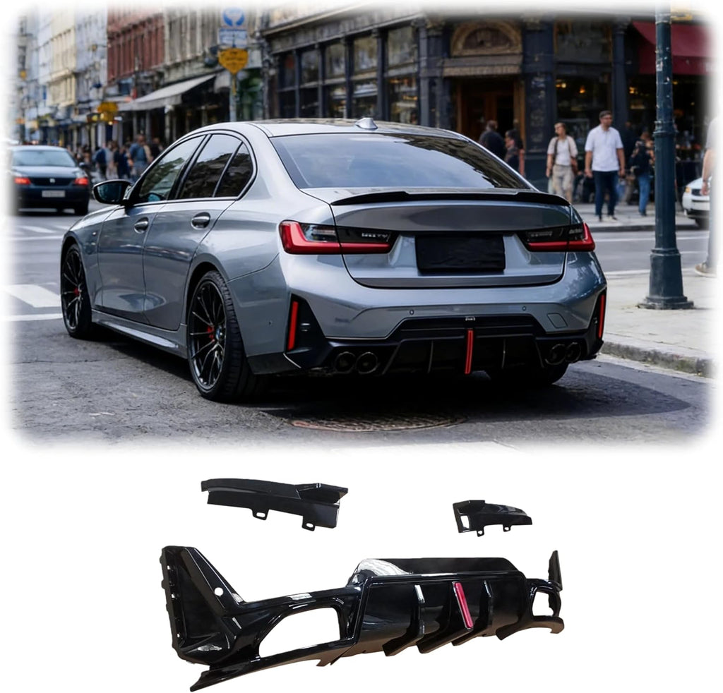 Rear Diffuser Fit for BMW 3 Series G20 330i/M340i LCI 2023-2024 Sedan 4-Door Gloss Black Rear Lower Diffuser with LED Light Automotive Exterior Accessories ABS 3PC Body Kit