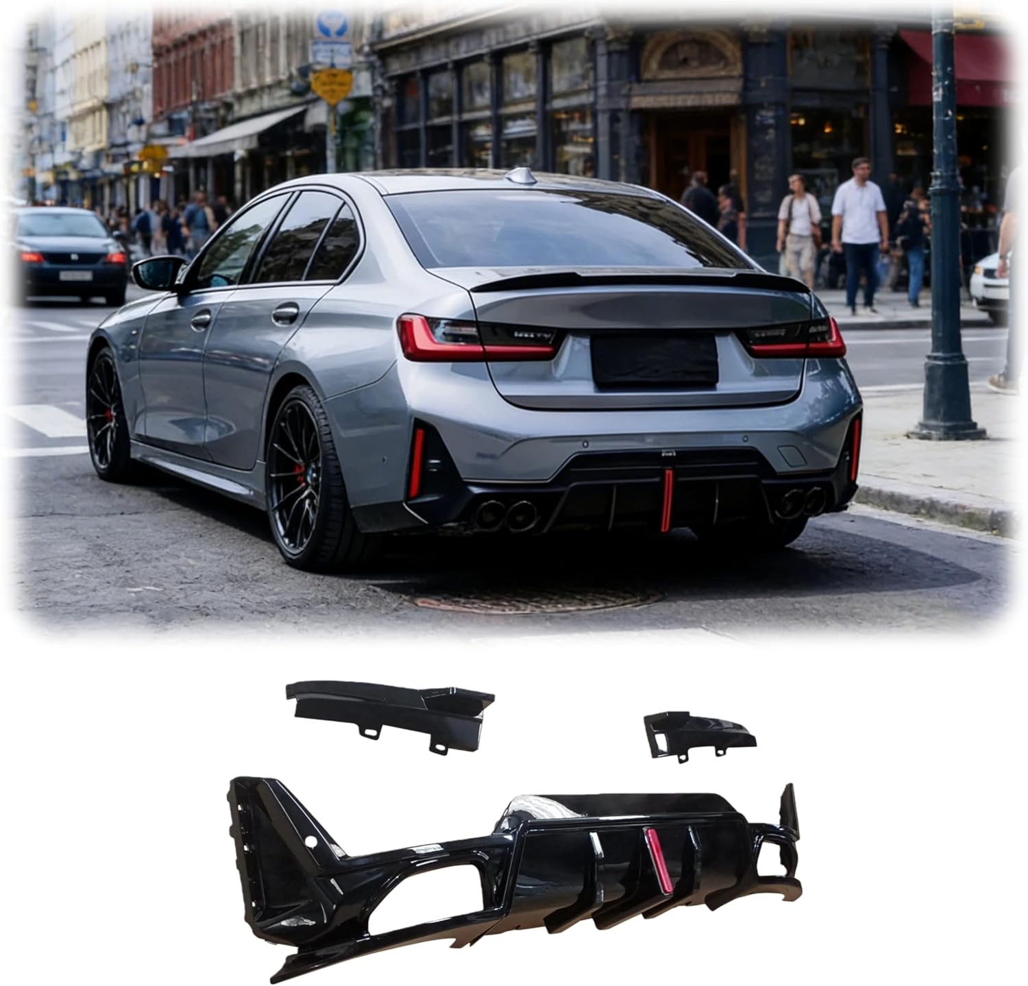 Rear Diffuser Fit for BMW 3 Series G20 330i/M340i LCI 2023-2024 Sedan 4-Door Gloss Black Rear Lower Diffuser with LED Light Automotive Exterior Accessories ABS 3PC Body Kit
