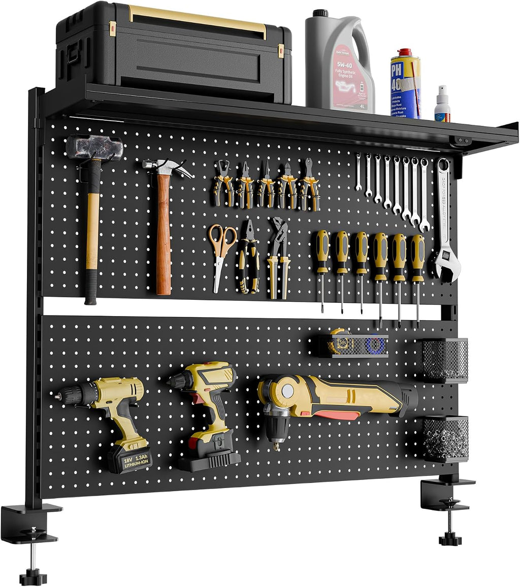EUREKA ERGONOMIC Metal Pegboard, 43x34inch Clam on Desk Pegboard with Dual Monitor Stand, Garage Pegboard with 4 Accessories, Desk Shelves for Tool organizer, Office, Gaming Desk, Workbench, Black