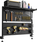 EUREKA ERGONOMIC Metal Pegboard, 43x34inch Clam on Desk Pegboard with Dual Monitor Stand, Garage Pegboard with 4 Accessories, Desk Shelves for Tool organizer, Office, Gaming Desk, Workbench, Black