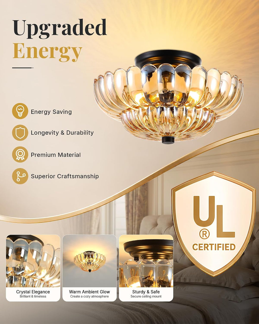 Semi Flush Mount Ceiling Light Fixture 14 inch Vinatge Black Ceiling Lights Mid Century Modern Glass Close to Ceiling Lighting Fixtures for Bedroom Hallway Foyer Bathroom Kitchen Laundry Room Nursery
