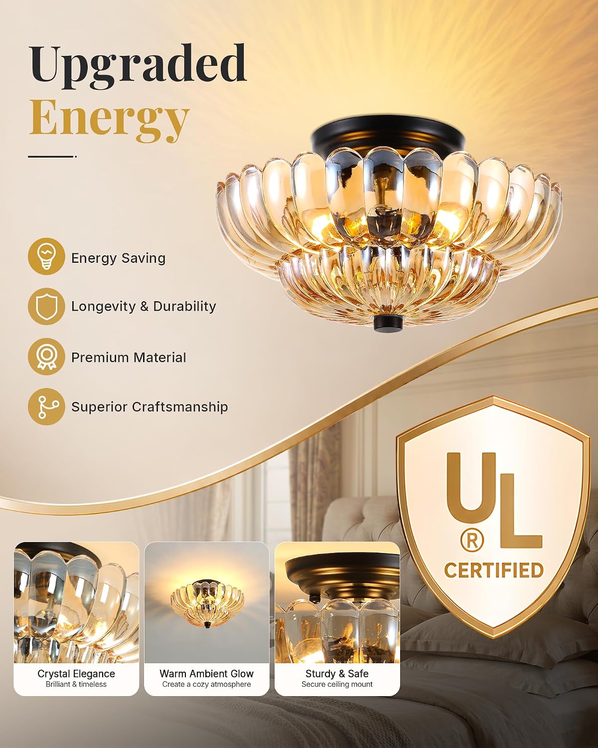 Semi Flush Mount Ceiling Light Fixture 14 inch Vinatge Black Ceiling Lights Mid Century Modern Glass Close to Ceiling Lighting Fixtures for Bedroom Hallway Foyer Bathroom Kitchen Laundry Room Nursery