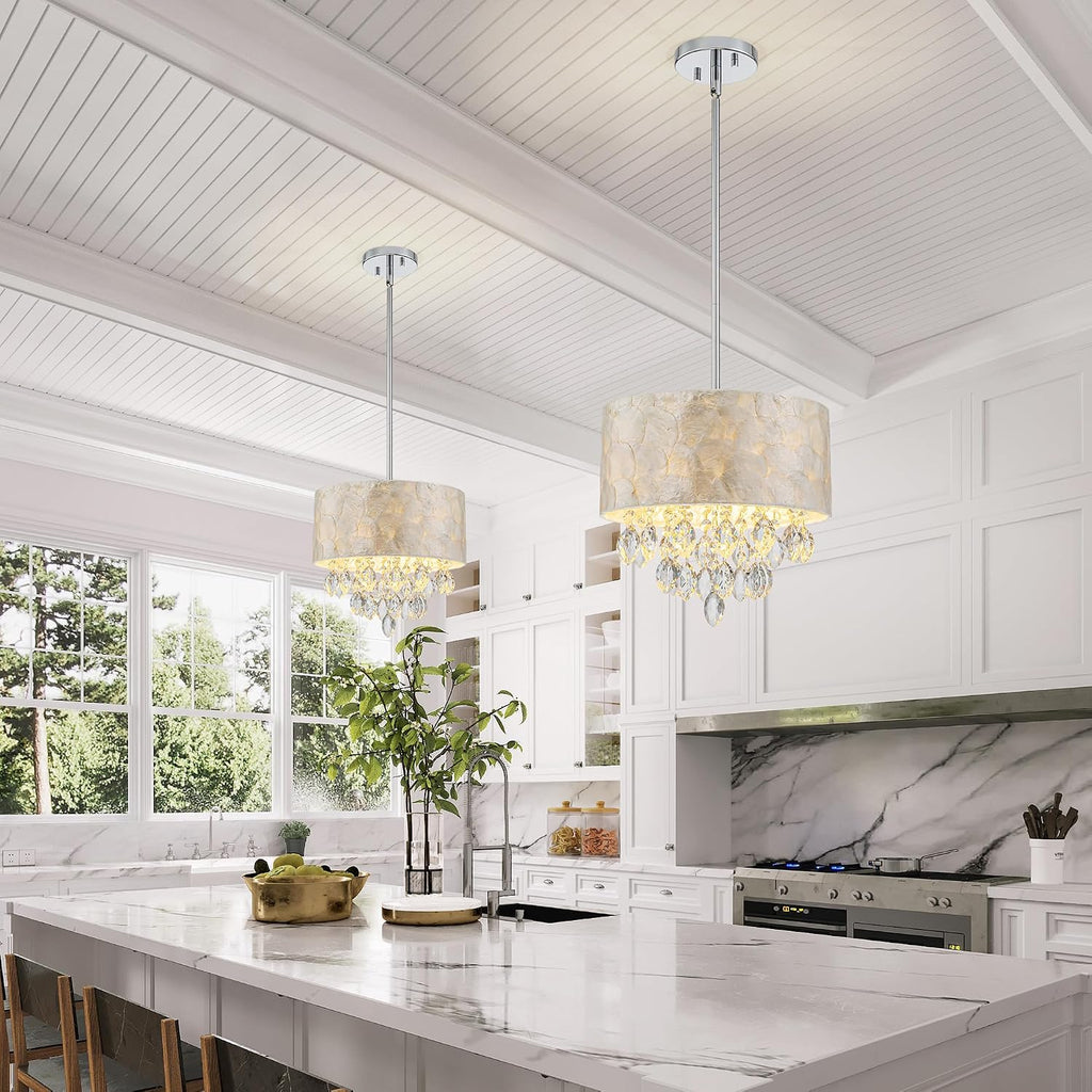 3-Light Drum Capiz Shell K9 Crystal Chandelier, Coastal Style Pendant Light Fixture for Dining Room, Living Room, D12 * H19~49 inch (Adjustable), Clear Crystal & Chrome Finish Frame
