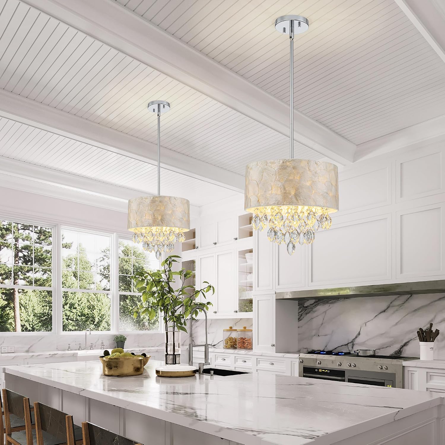 3-Light Drum Capiz Shell K9 Crystal Chandelier, Coastal Style Pendant Light Fixture for Dining Room, Living Room, D12 * H19~49 inch (Adjustable), Clear Crystal & Chrome Finish Frame