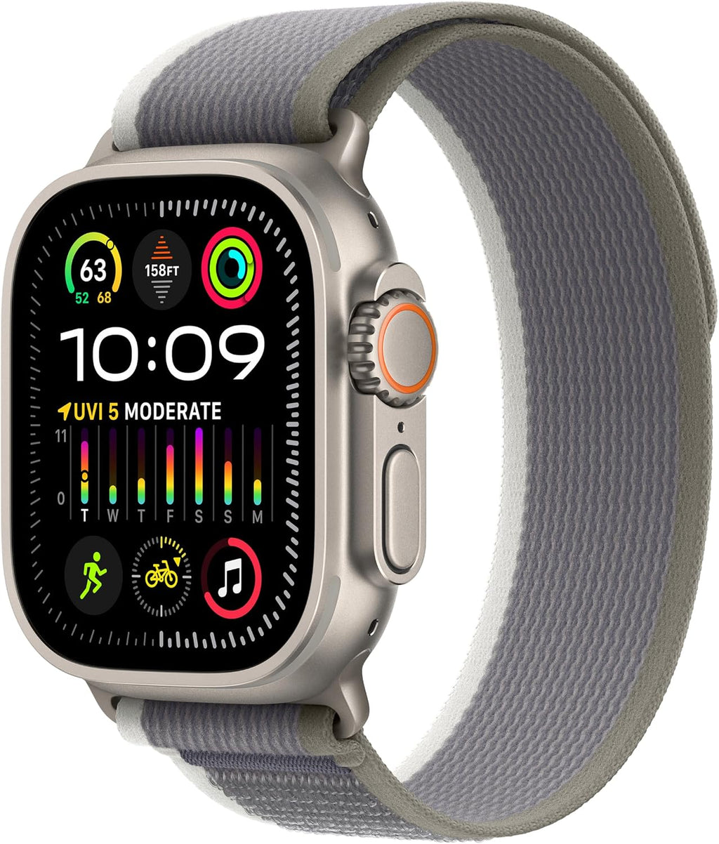 Apple Watch Ultra 2 [GPS + Cellular 49mm] Smartwatch with Rugged Titanium Case & Green/Grey Trail Loop M/L (Renewed)