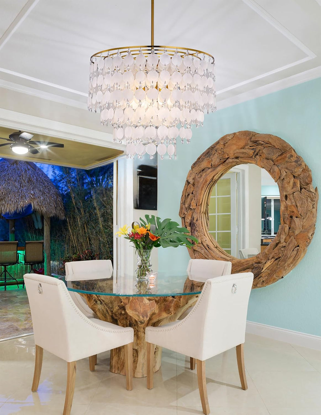TOCHIC Natural Capiz Shell Chandelier, 6-Light Gold Modern Coastal Chandelier Light Fixture for Dining Room, Hanging Boho Round Beach Shell Pendant Light for Living Room, Bedroom, Kitchen, Foyer, 24'W