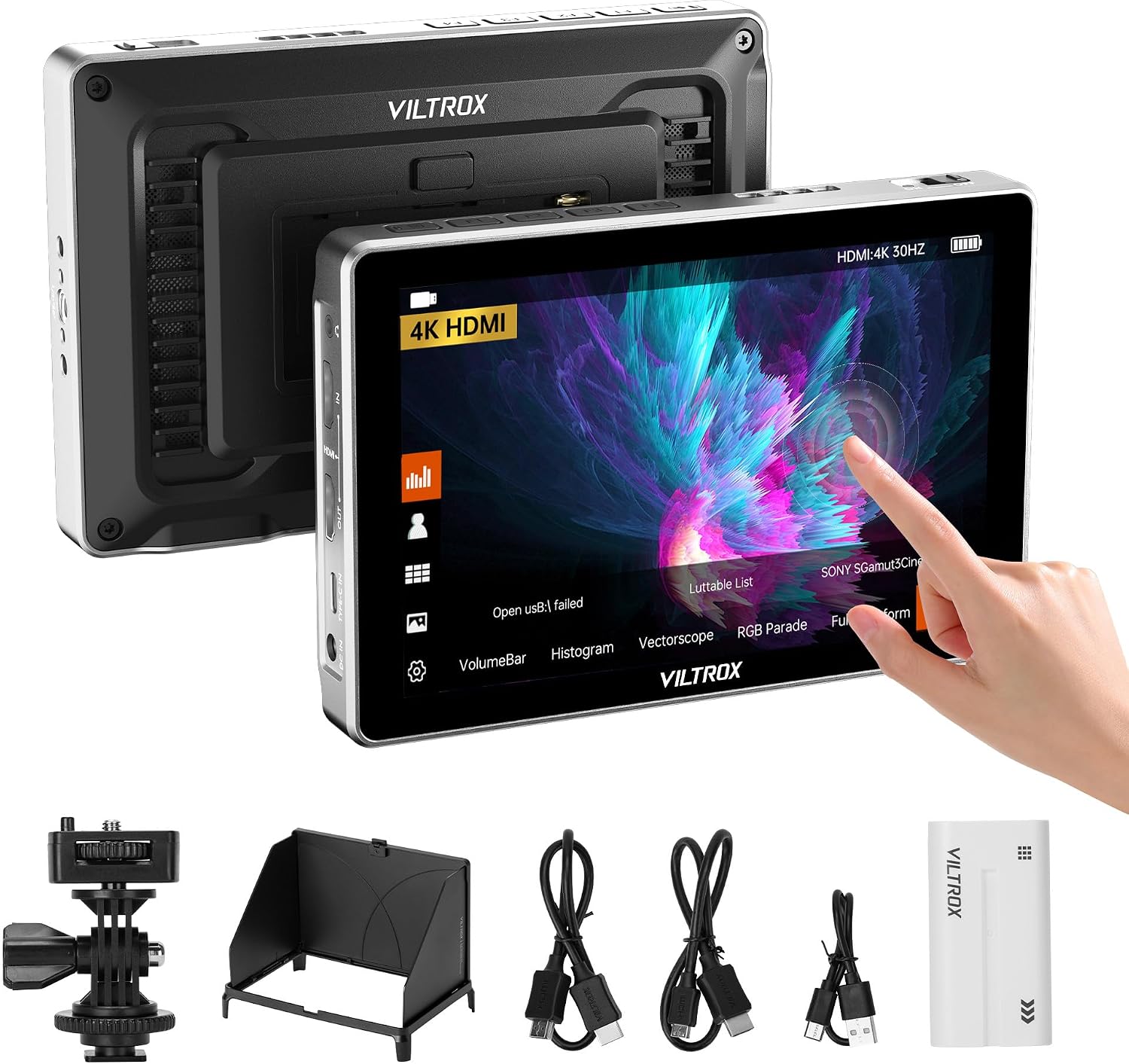 VILTROX DC-L2 7' Camera Field Monitor Touch Screen with HD 1280x800 IPS 4K HDMI & 3G-SDI Loop in/Out, 3D LUTs Peak Focus Assist Waveform, 170° Super Wide View Angle, Battery & Sunshade Hood