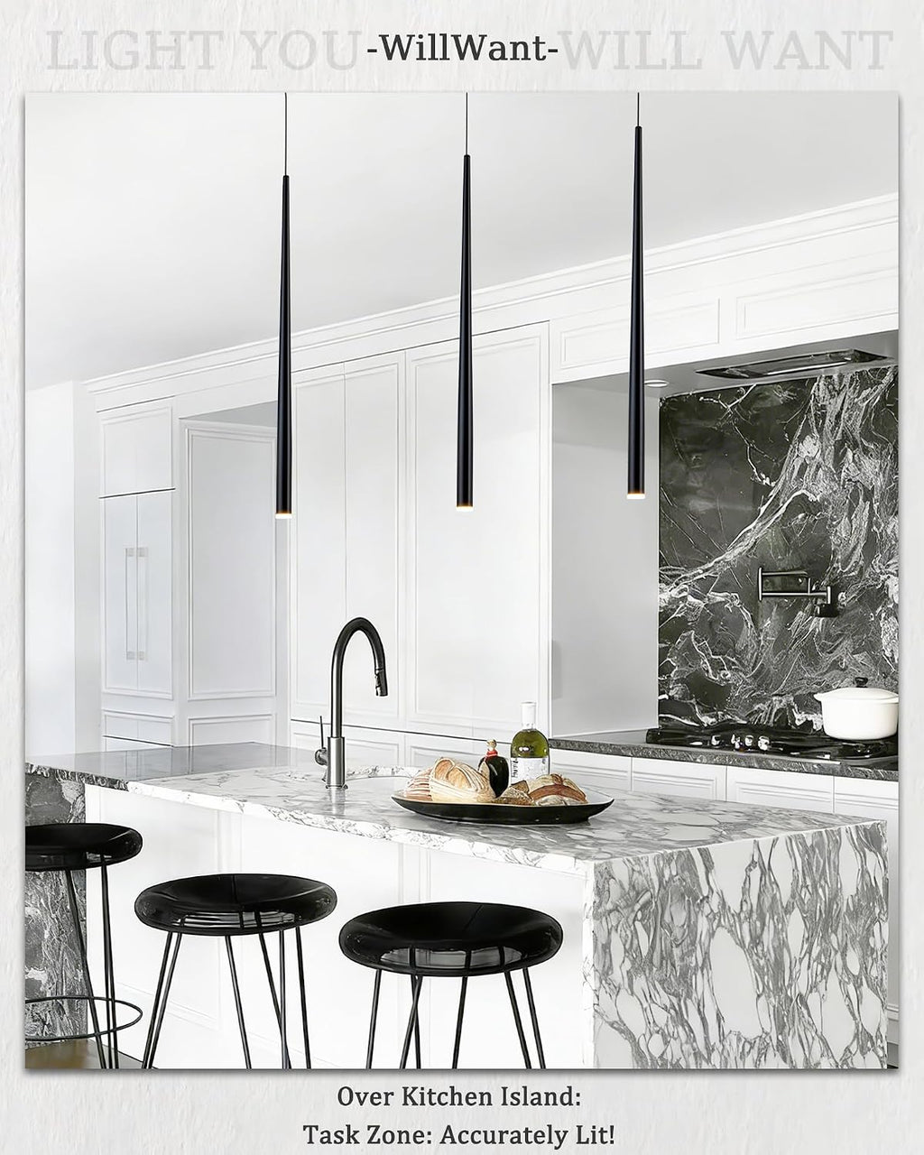 3 Pack Modern Black Pendant Lights, 27.5' Long Industrial Tube Hanging Light Fixture with Dimmable 4000K LED for Kitchen Island, Dining Room, Bar, Bathroom