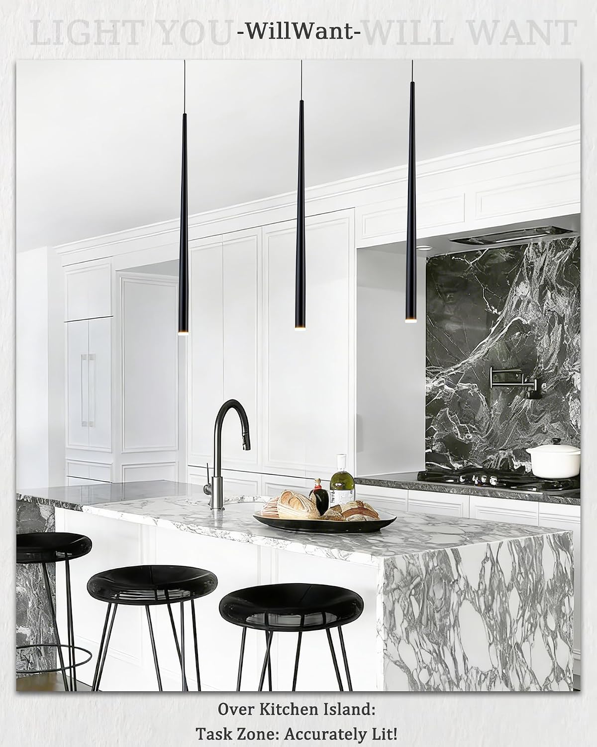 3 Pack Modern Black Pendant Lights, 27.5' Long Industrial Tube Hanging Light Fixture with Dimmable 4000K LED for Kitchen Island, Dining Room, Bar, Bathroom