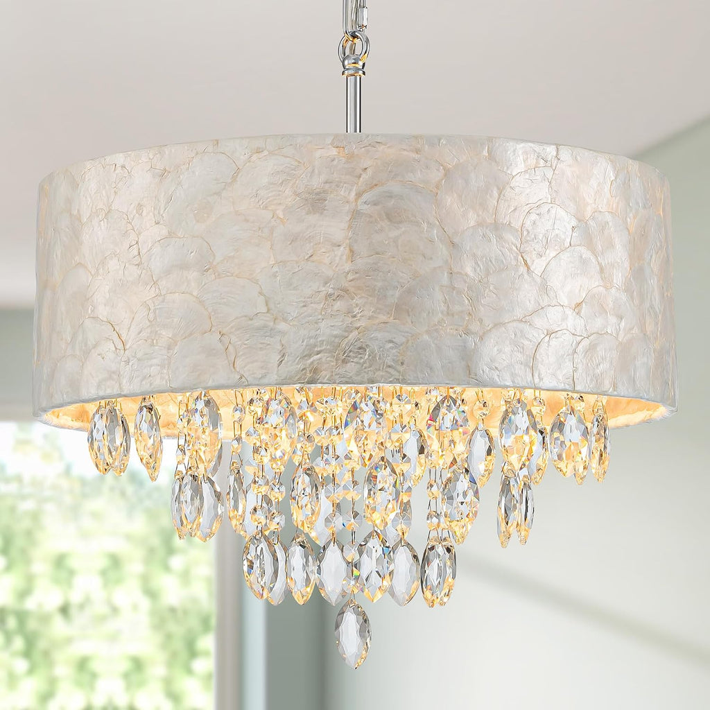 4-Light Drum Capiz Shell K9 Crystal Chandelier, Coastal Style Pendant Light Fixture for Dining Room, Living Room, D17.7 x H21~68 inch (Adjustable), Clear Crystal & Chrome Finish
