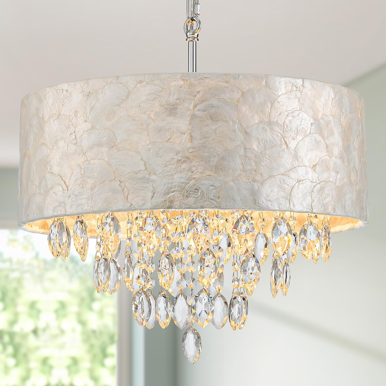 4-Light Drum Capiz Shell K9 Crystal Chandelier, Coastal Style Pendant Light Fixture for Dining Room, Living Room, D17.7 x H21~68 inch (Adjustable), Clear Crystal & Chrome Finish