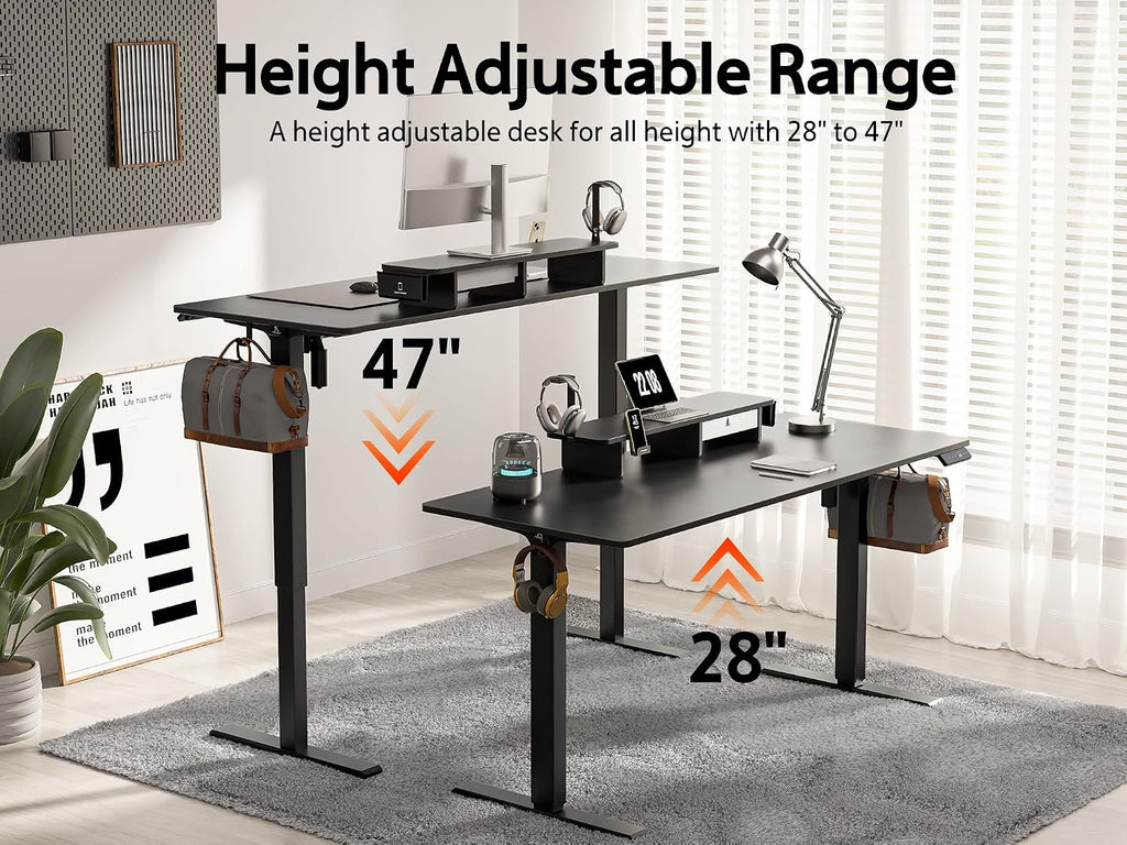 WALKINGDESK 63x24 Inches Electric Standing Desk with Drawer and Monitor Stand, Height Adjustable Sit to Stand up Desk for Home Office, Ergonomic Computer Table with Phone Holder, 3 Hooks, Black