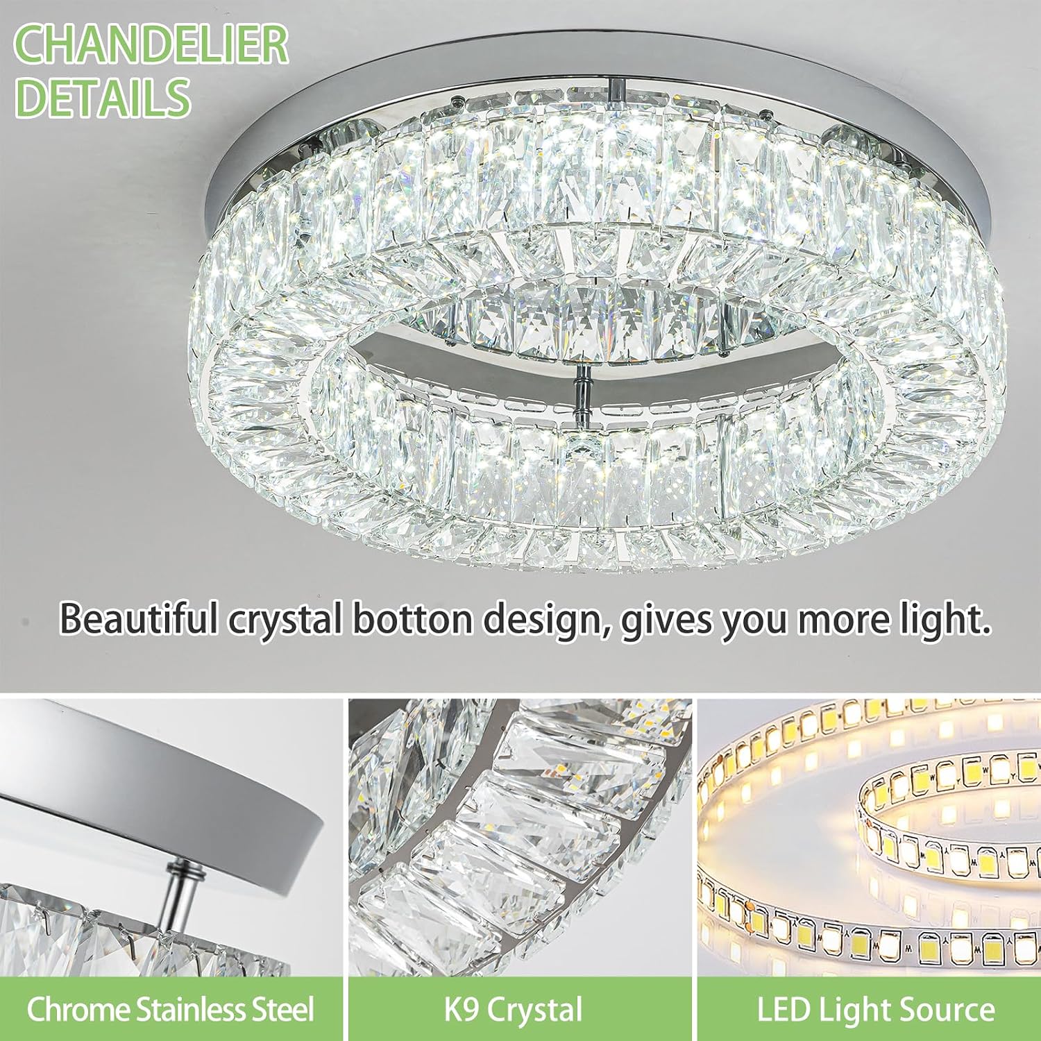 HOPGGIE 18 Inch Crystal Chandelier LED Ceiling Light Flush Mount Ceiling Light Fixtures Luxury Large Chandelier Light for Living Room Bedroom Dining Room Closet (Cool White)