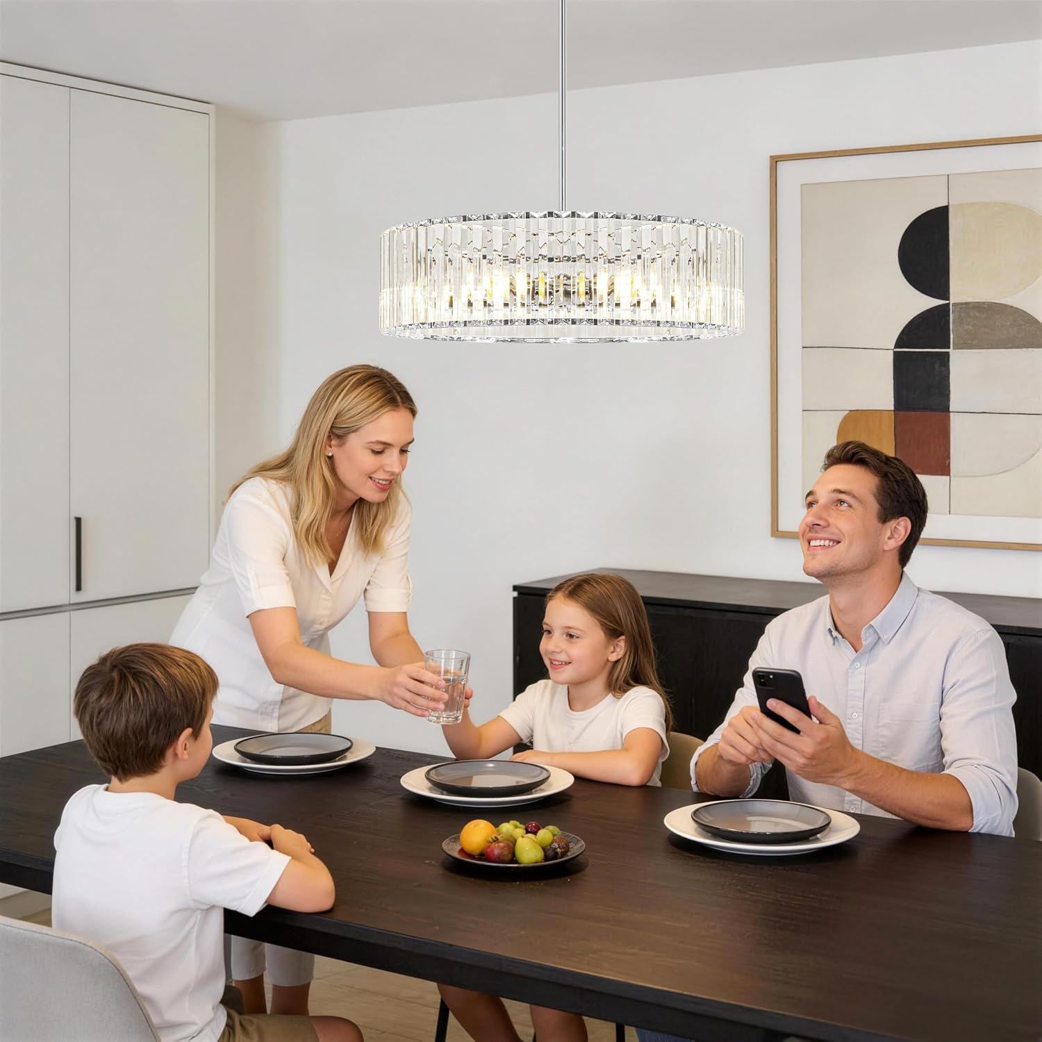 Modern Crystal Chandelier for Dining Room, 6 Light Chrome Semi Flush Mount Ceiling Light Fixtures, 19in Hallway Fixture, Round Kitchen Hanging Drum Pendant Lights Ceiling for Living Room Bedroom Foyer