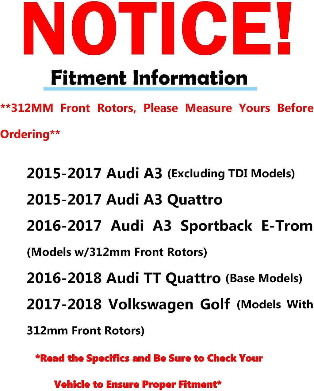 Detroit Axle - Front Brake Kit for Audi A3 TT Quattro Volkswagen Golf Alltrack GTI Disc Brakes Rotors Ceramic Brake Pads Replacement: 12.28' inch Rotor