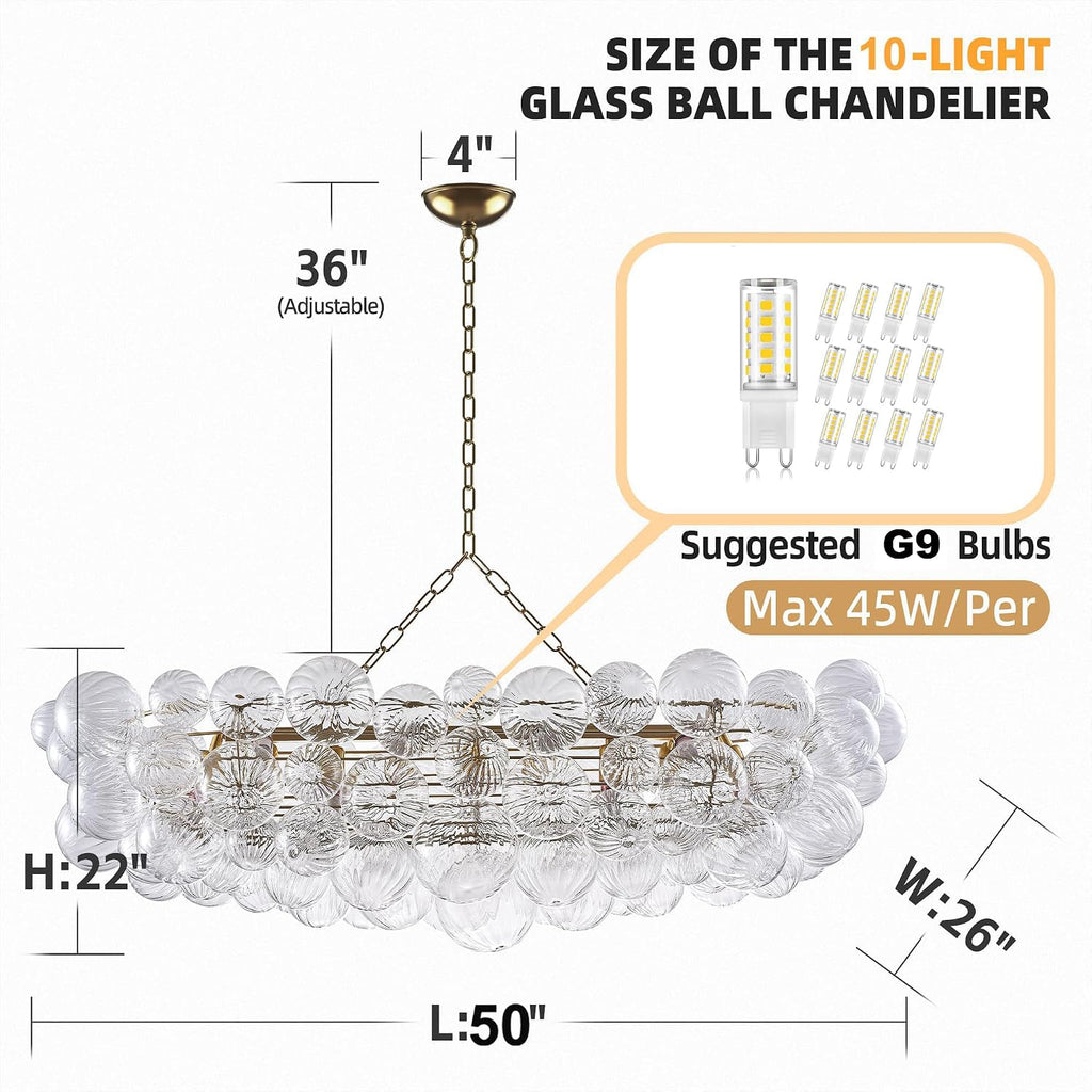 Longree Nordic Bubble Ball Swirled Glass Chandelier Long 50 inch Rectangular Island Light Fixture Gold and Clear Blown Glass Lighting for Dining Table, Living Room
