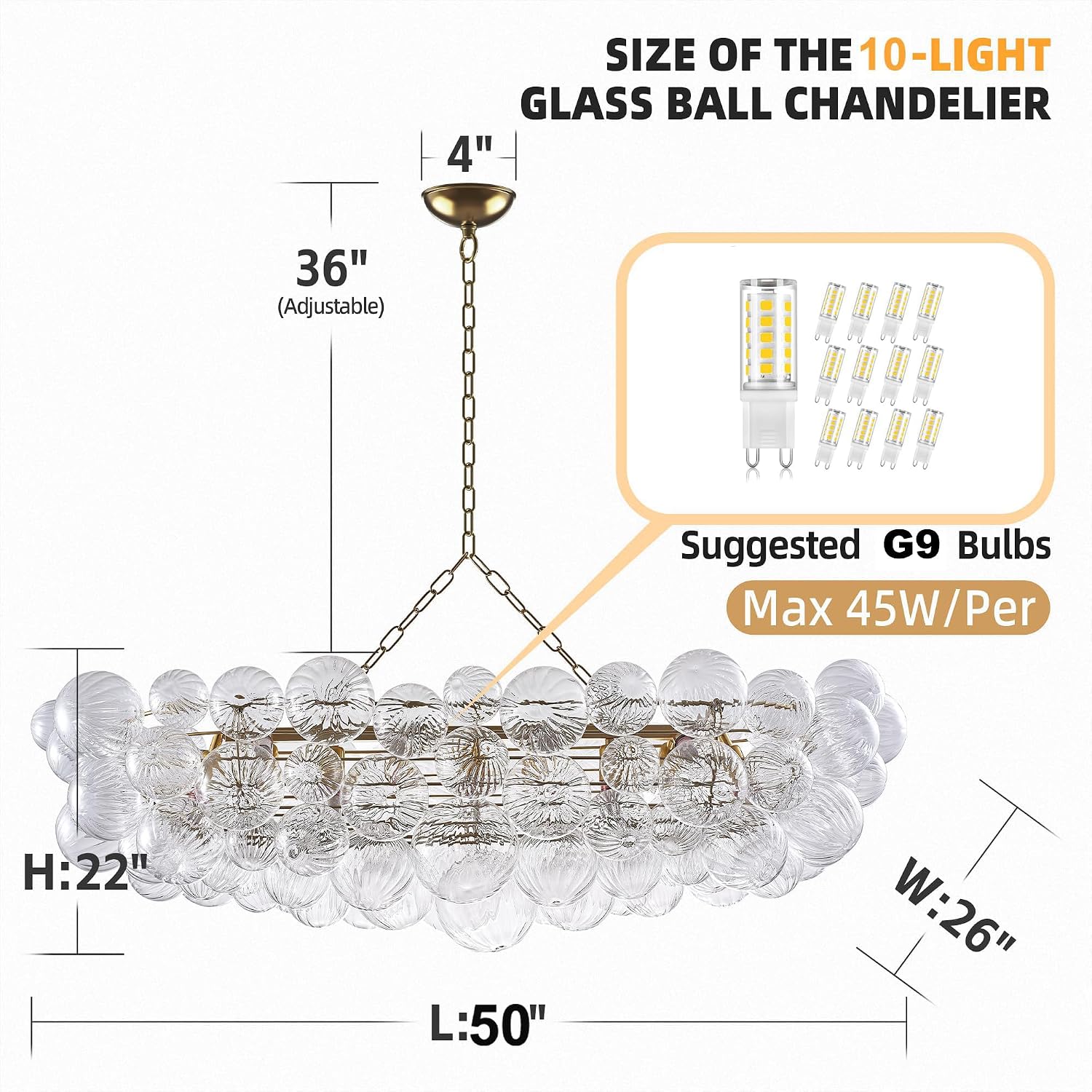 Longree Nordic Bubble Ball Swirled Glass Chandelier Long 50 inch Rectangular Island Light Fixture Gold and Clear Blown Glass Lighting for Dining Table, Living Room
