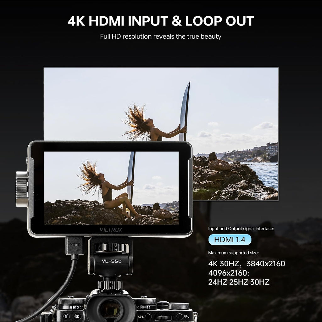 VILTROX DC-550 5.5' Camera Field Monitor, 1200 Nits 1920x1080 IPS Touch Screen DSLR Camera Monitor with 3D LUT, 4K HDMI Loop in/Out with Peak Focus DSLR Video Assist HDR Waveform Sunshade Hood/Battery