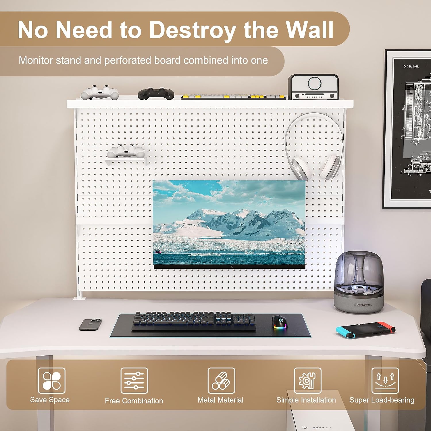 KEIKI Clamp-On Desk Pegboard with Single Monitor Stand, 43' x 35' Steel Peg Board Office Organizer with Hooks, Movable Panel & Shelf for Office Supplies, Gaming Setup & Desk Organization, White