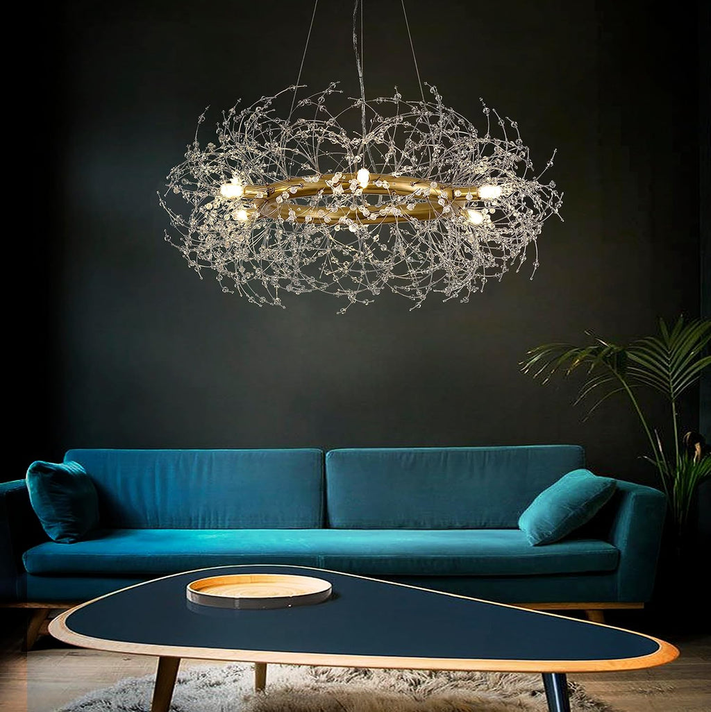 Macarena Gold Crystal Chandelier Firework,Modern Round Dinning Room Light Fixture,16inch Wagon Wheel Light Fixture for Bedroom Living Room Closet Bathroom Kitchen Island Hallway Entryway