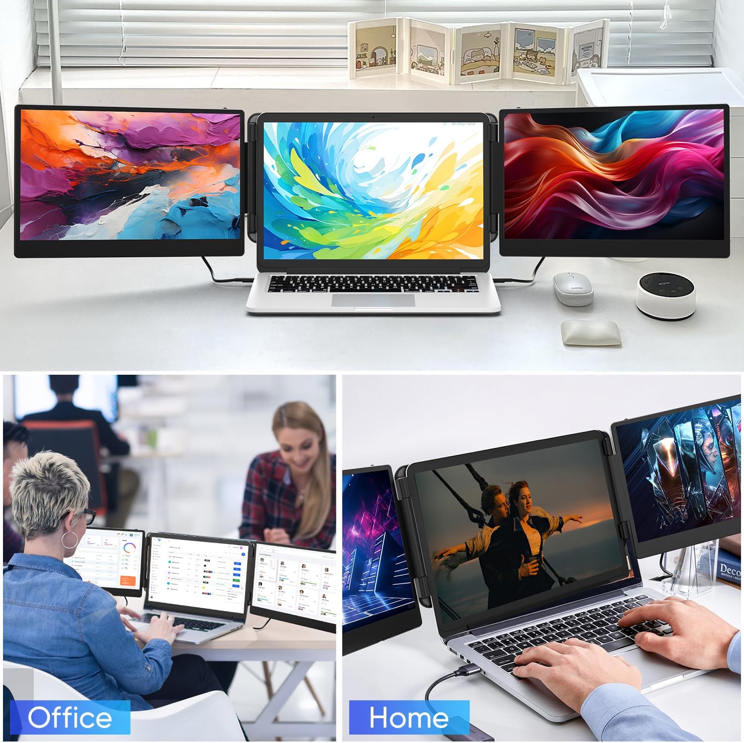 PAJEM S3 Dual Laptop Screen Extender, 14'' Triple Portable Monitor for Laptop Plug and Play, 1080P FHD IPS Monitor Extender for 13''-17'' Laptops Compatible with Mac/Wins/Android/Dex