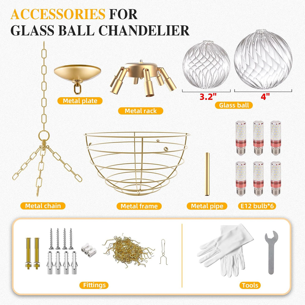Longree Nordic Bubble Ball Swirled Glass Chandelier, Diam 24 inch Gild Gold and Clear Blown Glass Hanging Pendant Light Fixture for Bedroom Study Restaurant