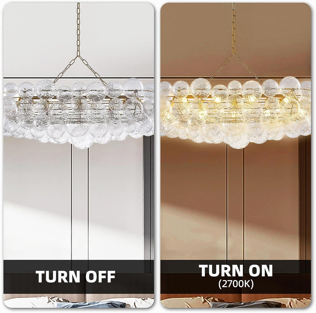 Longree Nordic Bubble Ball Swirled Glass Chandelier Long 50 inch Rectangular Island Light Fixture Gold and Clear Blown Glass Lighting for Dining Table, Living Room