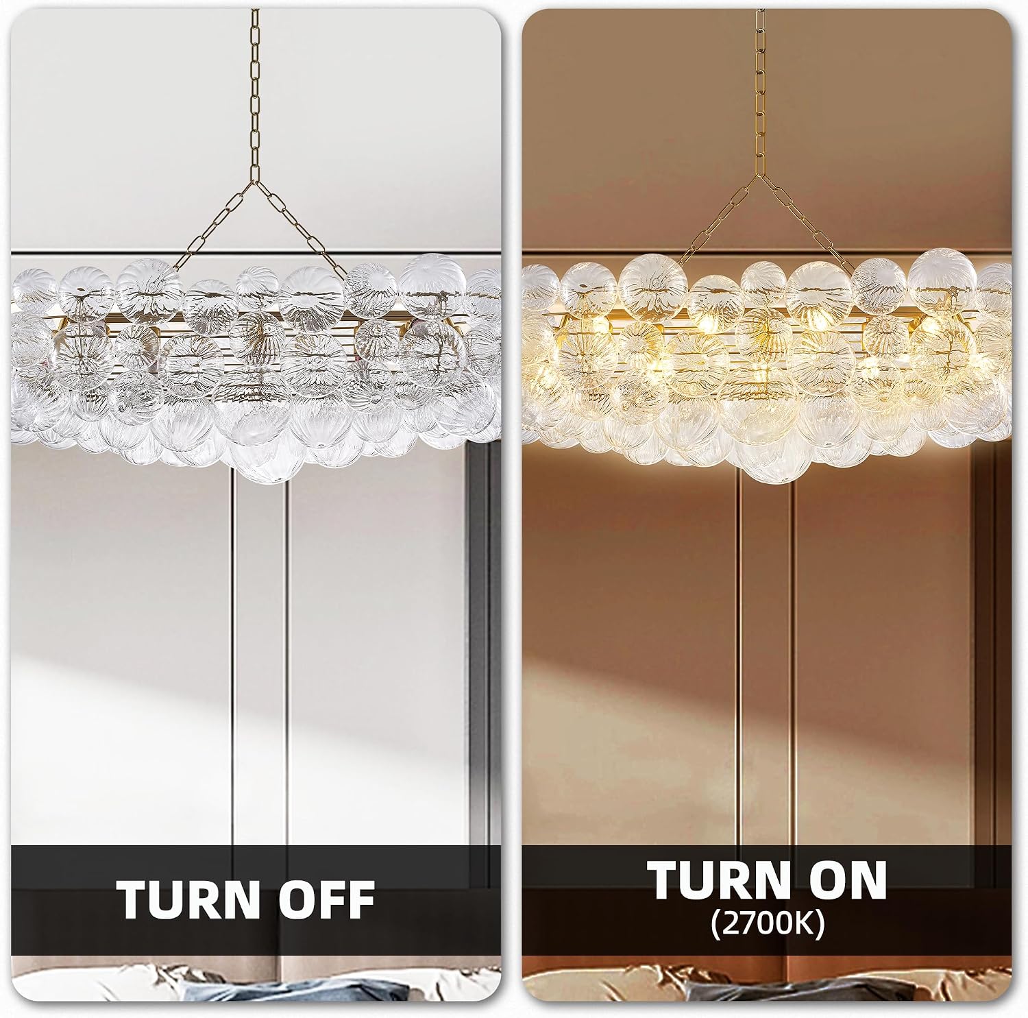 Longree Nordic Bubble Ball Swirled Glass Chandelier Long 50 inch Rectangular Island Light Fixture Gold and Clear Blown Glass Lighting for Dining Table, Living Room